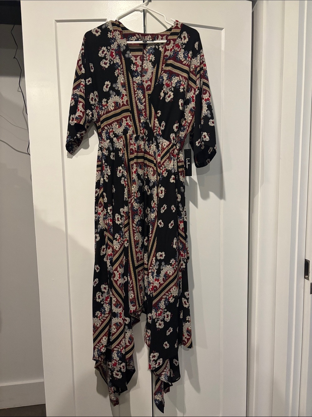 Lulu's Black Floral High-Low Wrap Dress with Red & Cream Details